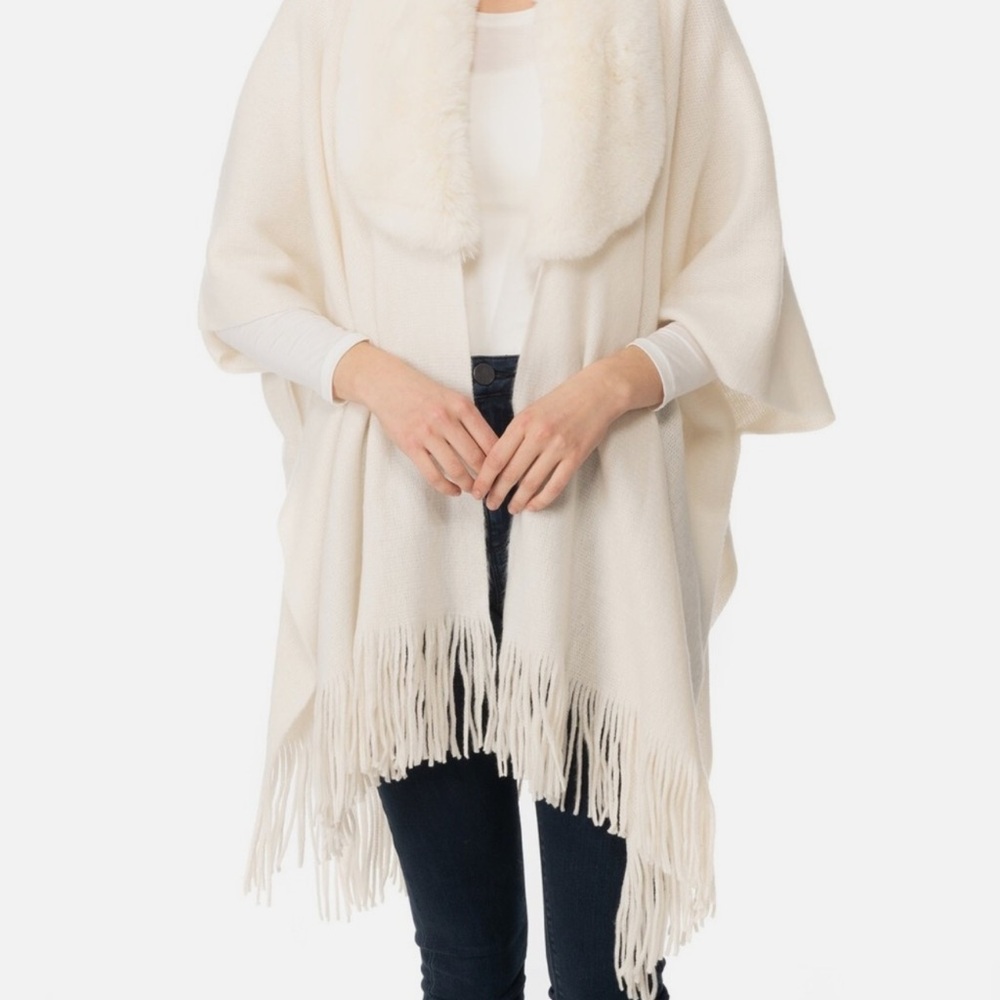 I.N.C. International Concepts Faux-Fur-Collar Cape Sweater Womens One Size Ivory